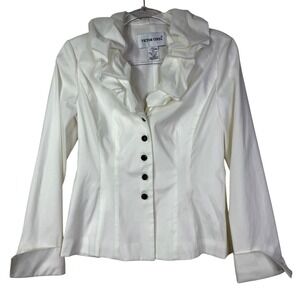 Victor Costa Jacket Womens Small White Ruffle Collar Button Front Dressy